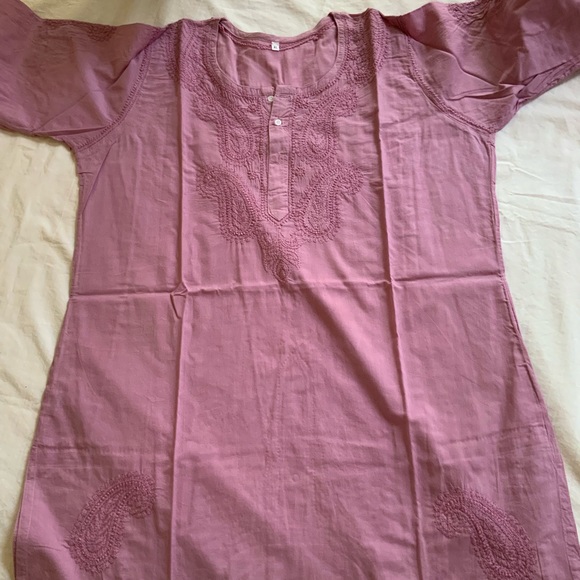 Tunic Kurta Woman’s Top Hand Embroidered 100% Cotton Paisely Print Purple - Picture 2 of 7